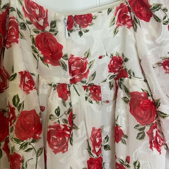 Blue Rain Women XS Square Neck White Red Floral Mini Peasant Dress Balloon Sleev - Picture 11 of 16